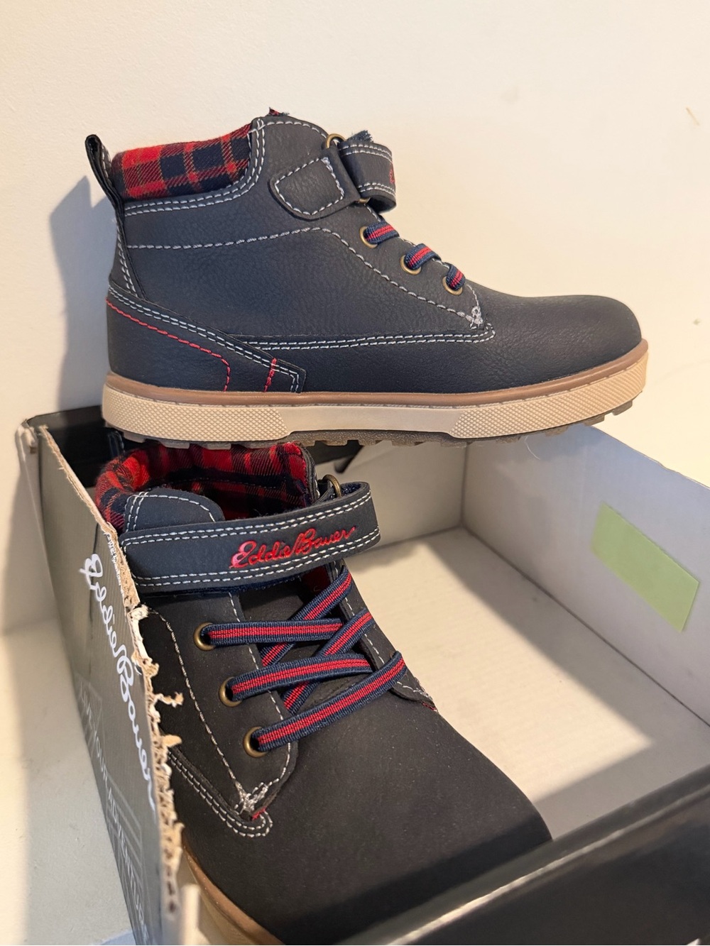 Eddie Bauer Navy Kids' Ankle Boots with Red Plaid Accents